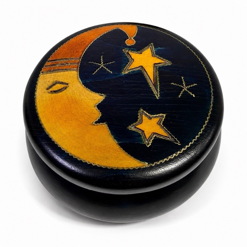 Vintage Polish Linden Wooden Trinket Box Carved Celestial Moon Stars Folk Art